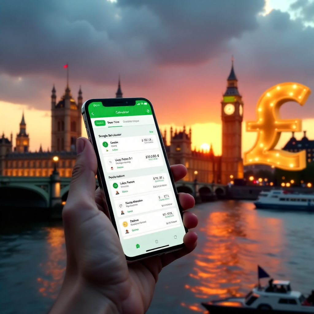 A hand holding a high-end smartphone displaying a professional Single Bet Calculator app with a clean white and emerald green interface, background is the London skyline with the Big Ben and Westminster Bridge at sunset, 3D golden British Pound symbols (£